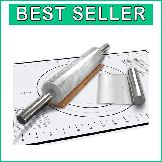 White Marble Rolling Pin Set with Stainless Steel Handles & Baking Accessories