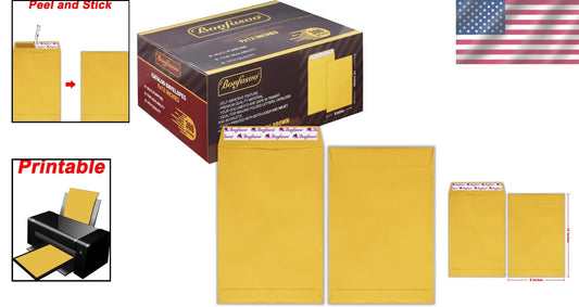Sturdy 300 Pack 9x12 Brown Mailing Envelopes - Printable Self-Seal Kraft Paper