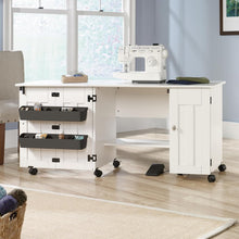 Load image into Gallery viewer, Mobile Soft White Sewing &amp; Craft Table with Scratch-Resistant Finish and Shelves
