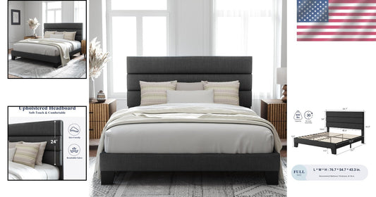 Minimalist Full Size Platform Bed Frame with Upholstered Headboard in Dark Grey