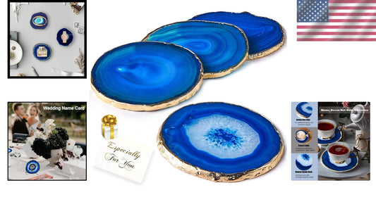 Natural Blue Agate Drink Coasters Set of 4 with Gold Rim - Perfect Gift Choice