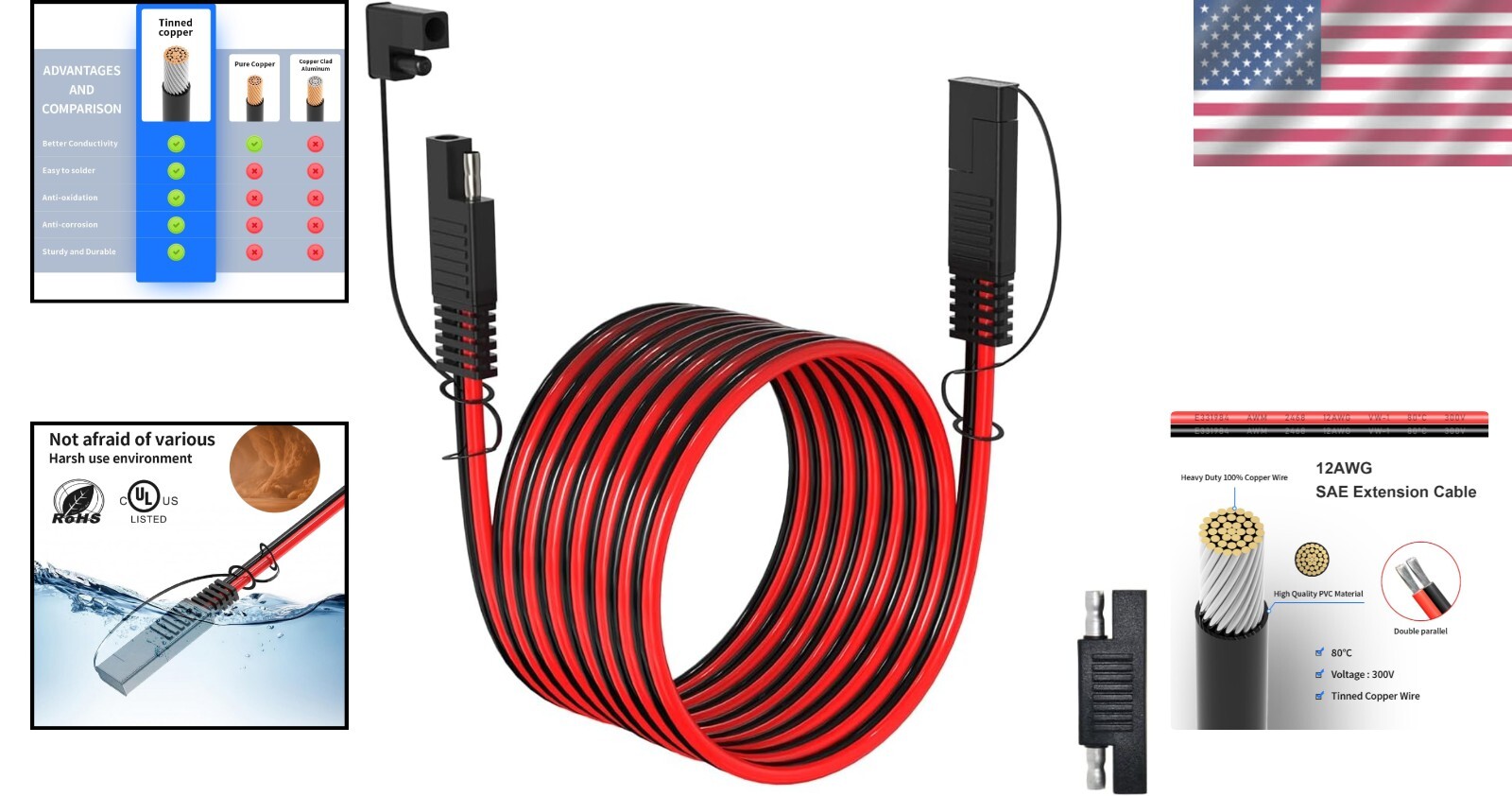 Heavy-Duty SAE Extension Cable - 35FT with Waterproof Cap & Polarity Adapter