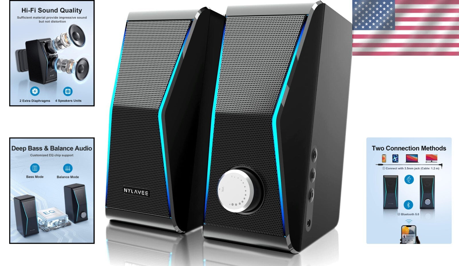 4-Unit Bluetooth HiFi Speakers with Rich Bass Diaphragms & Colorful RGB Lights