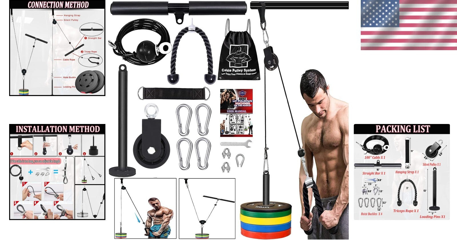 Compact Home Gym LAT Pulley with Adjustable Cable & Foam Grip Handle for Comfort