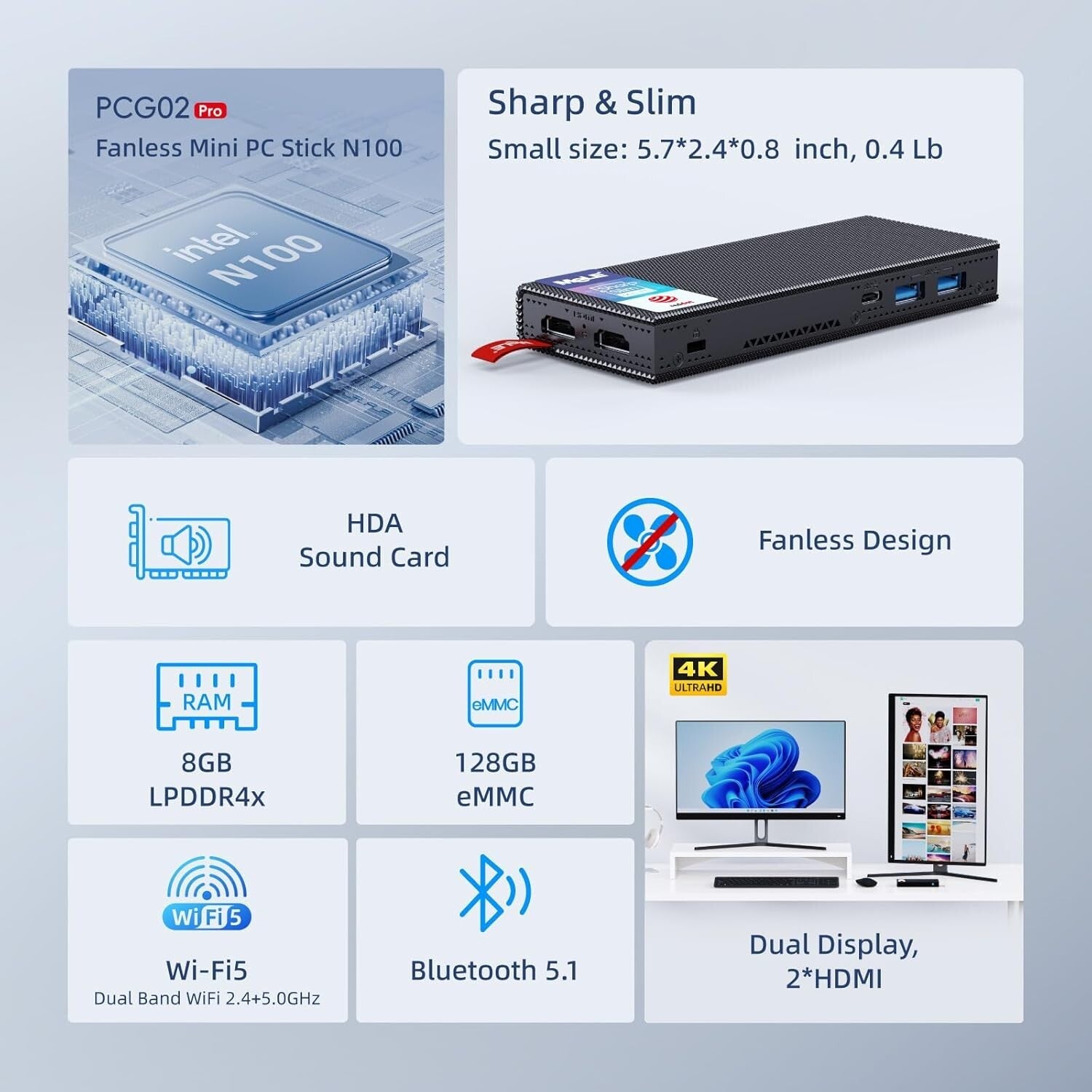 Compact Fanless Mini PC Stick Pro - 4K Dual Display, WiFi 5, Ideal for Office