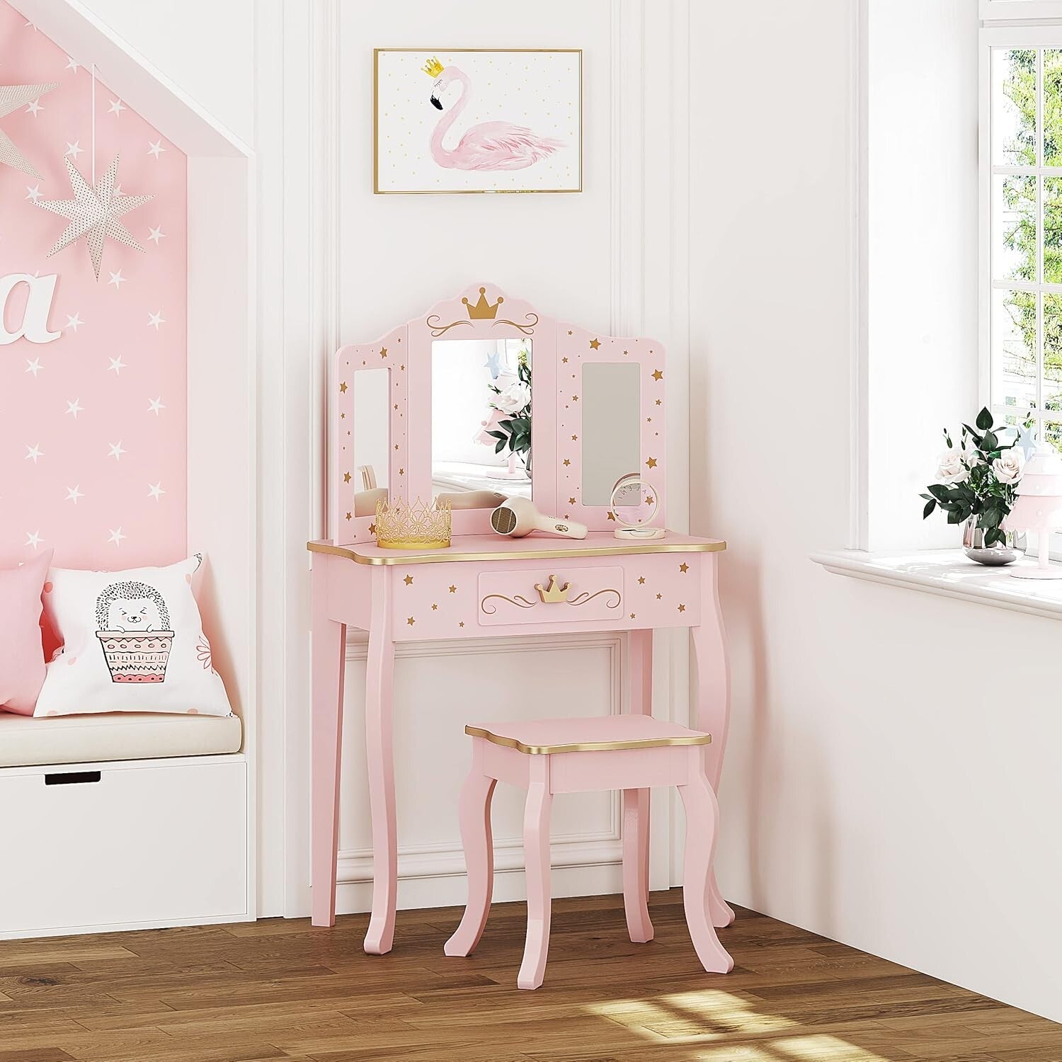 Elegant Kids Vanity Set with Pink Mirror and Stool - Perfect for Little Girls