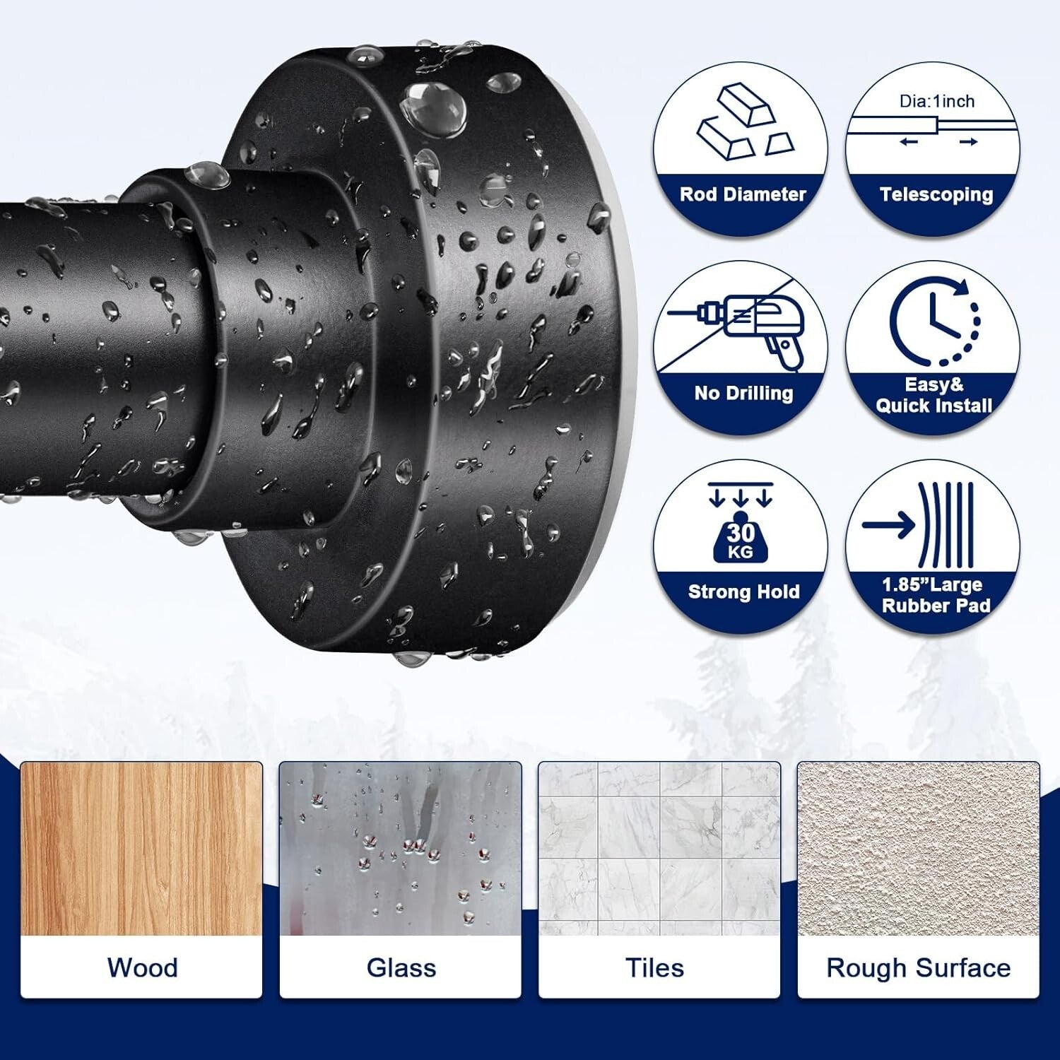 Matte Black No-Drill Shower Curtain Rod 34-96 Inches - Rust-Proof & Easy Install