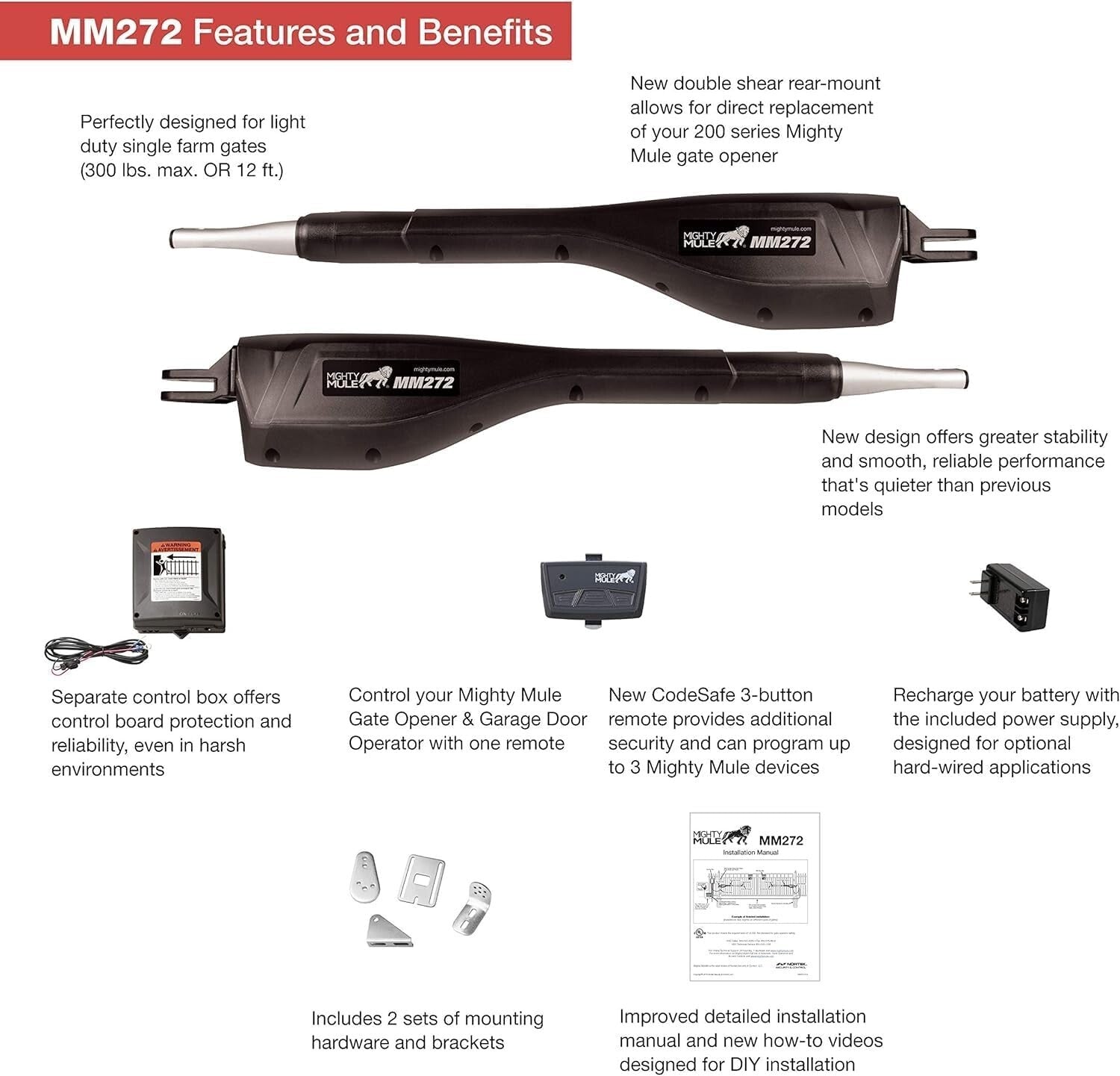 Dual Swing Gate Opener Kit with 3-Button Remote & Installation Ruler - Black