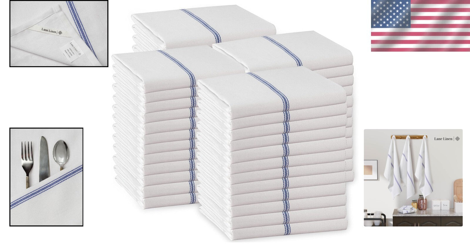 48-Pack Blue Stripe Kitchen Towels - Super Absorbent 100% Cotton Dish Cloths