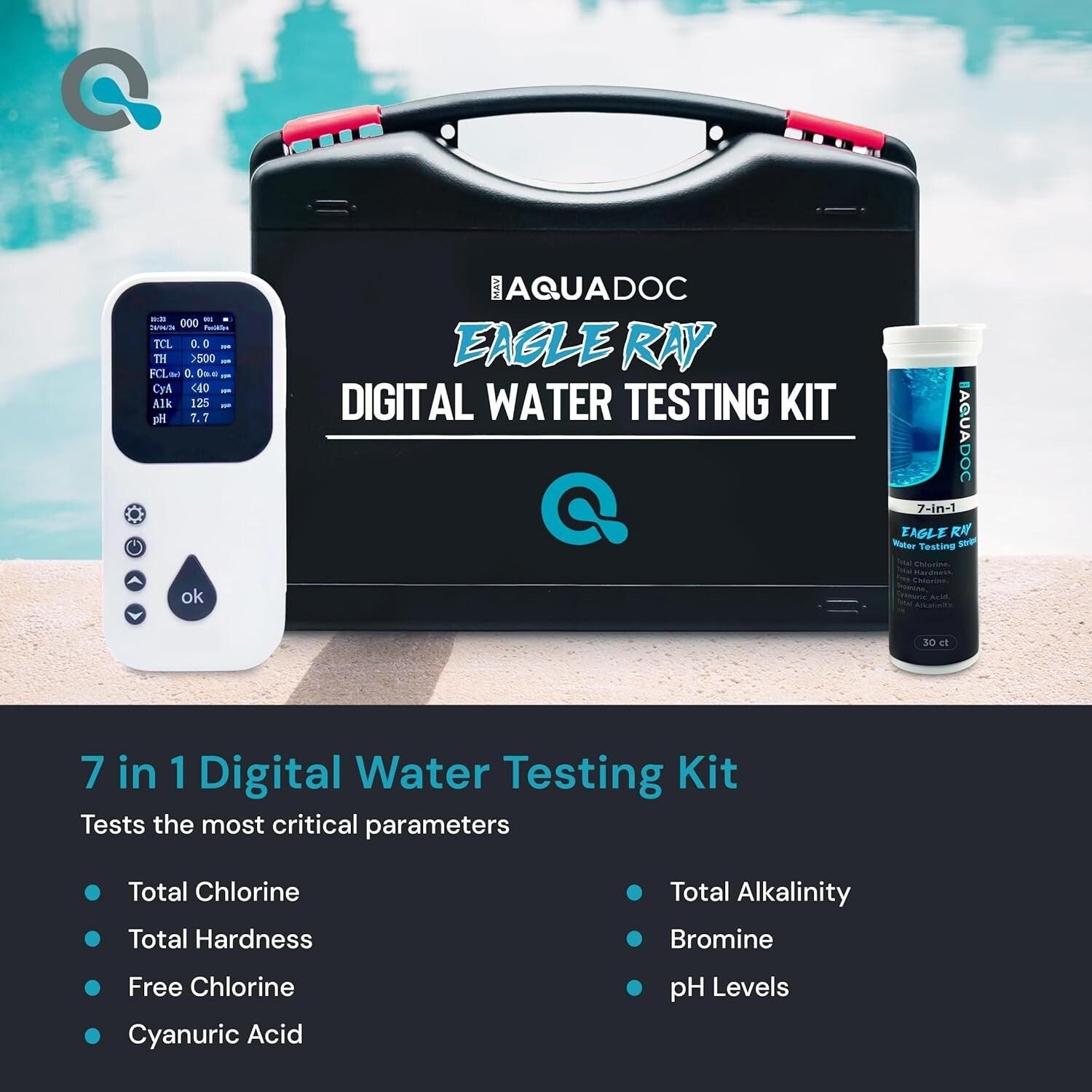 All-in-One Digital Water Analyzer for Pools & Spas – Tests 7 Key Parameters