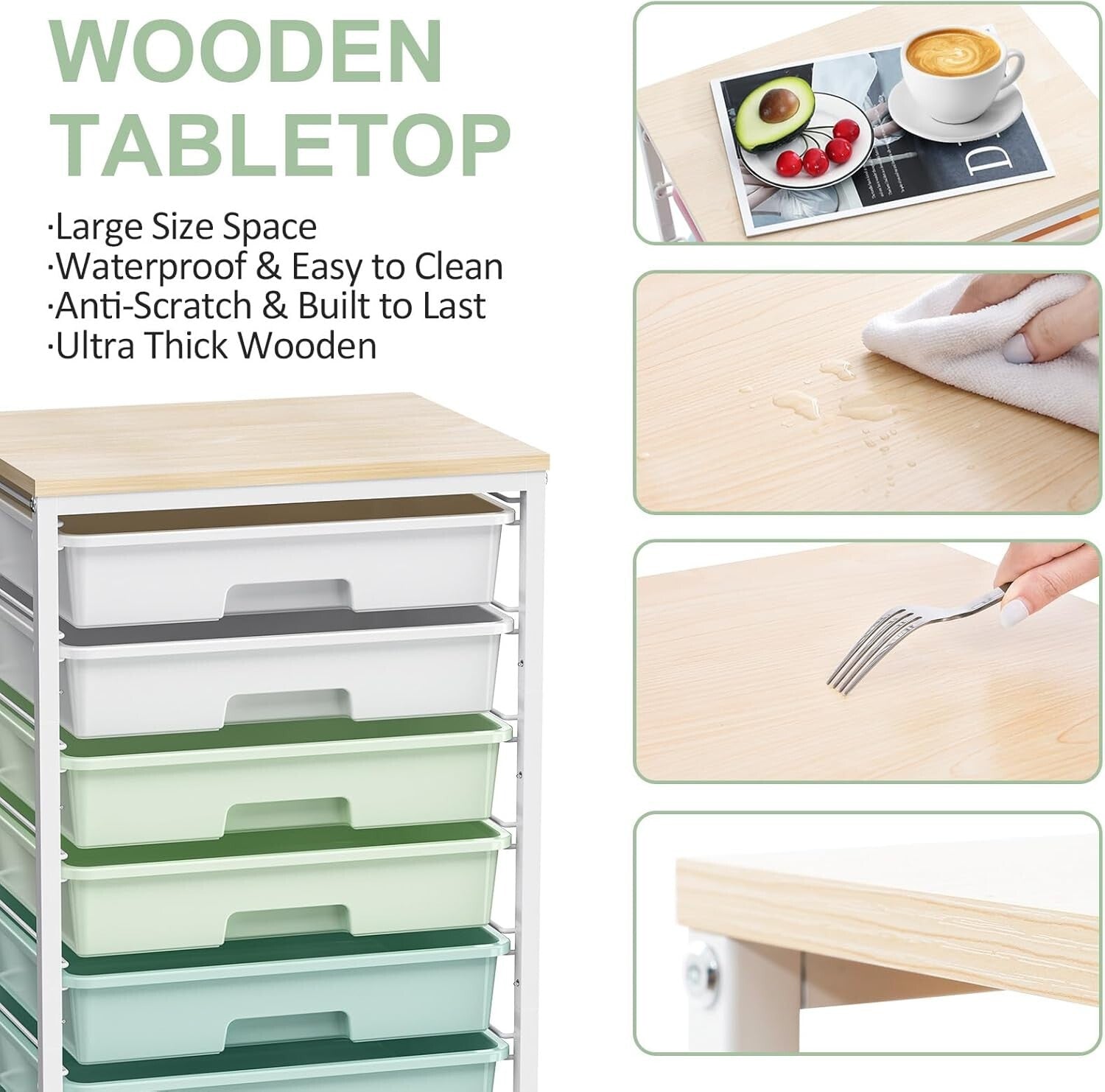 Compact 8-Drawer Organizer Cart with Wooden Top for Living Room & Office