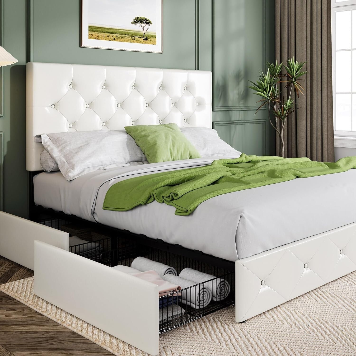 Elegant Full Size Upholstered Platform Bed with Storage Drawers - No Box Spring