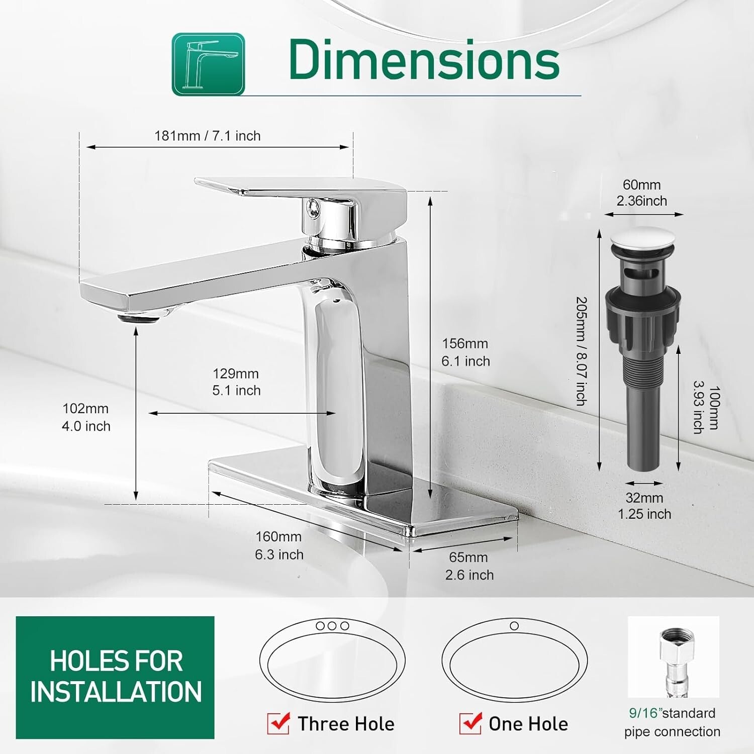 Durable Brass Chrome Bathroom Faucet with Quick Connect Supply Lines & Drain