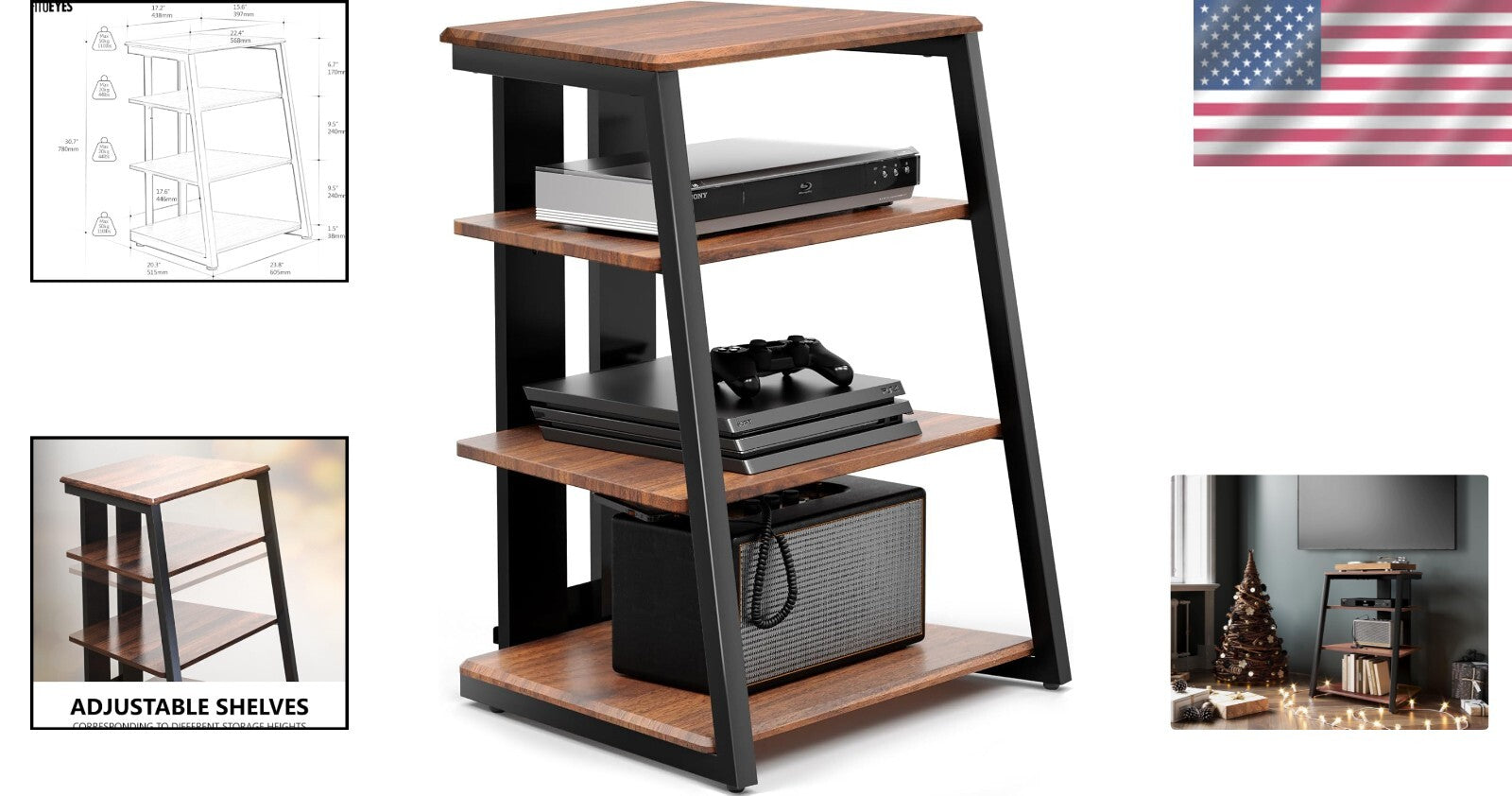 Elegant Corner Shelf for Record Player & Media with Adjustable Wooden Shelves