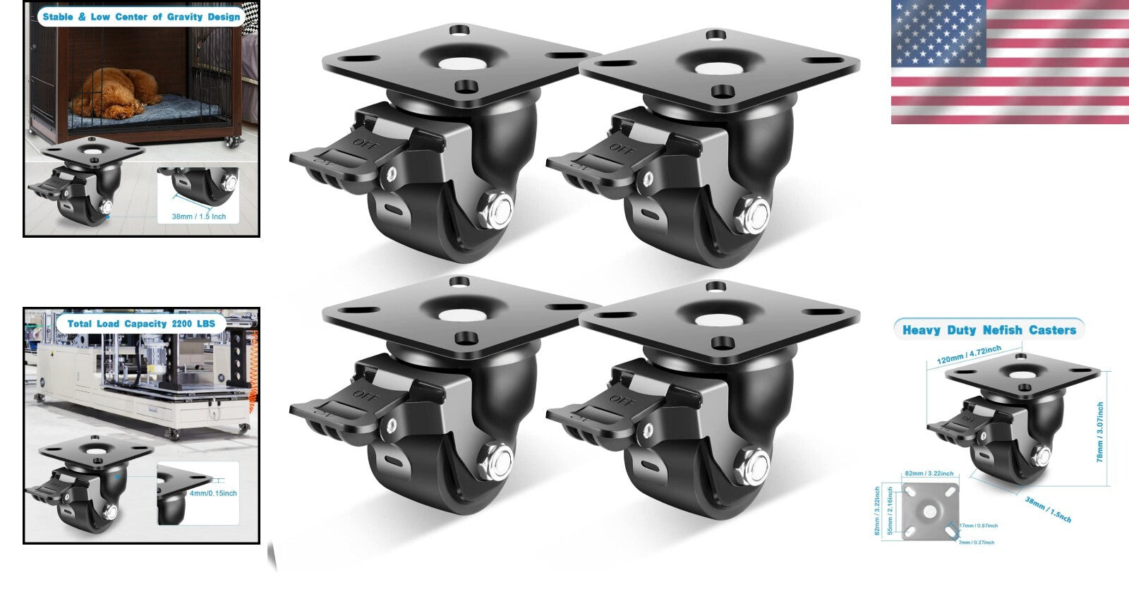 Corrosion-Resistant 2-Inch Caster Wheel Set with 360° Swivel & Brake - 4 Pack