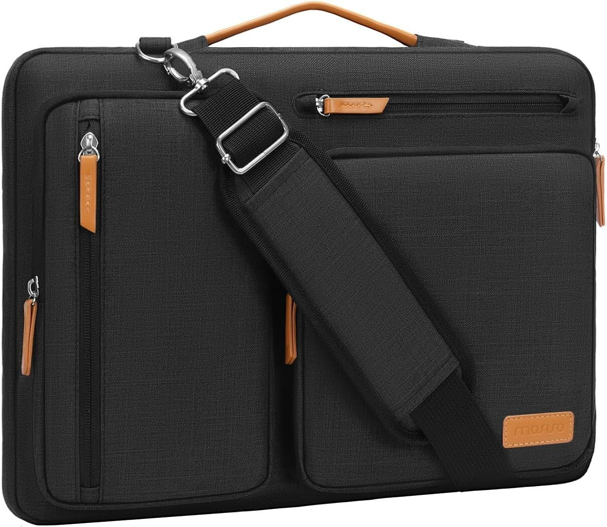 Elegant Black Laptop Shoulder Bag with Trolley Compatibility & 4 Zipper Pockets