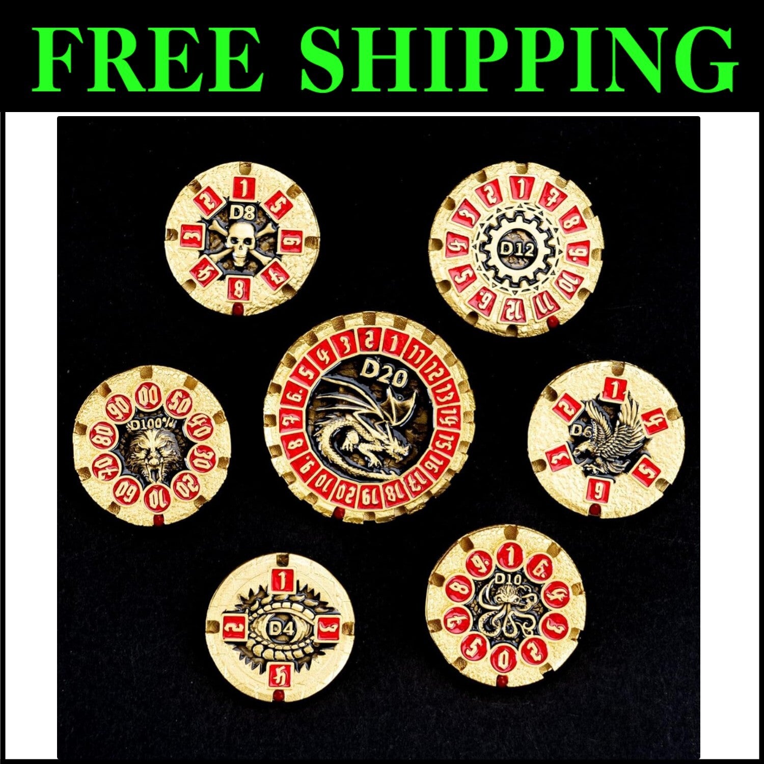 Auditory Delight: 7-Piece Dungeons and Dragons Metal Dice Set with Dragon Design