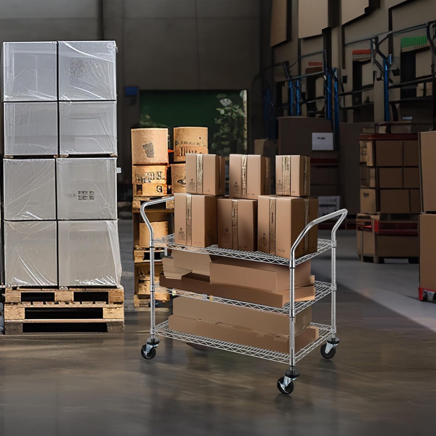Commercial Grade Heavy Duty 3-Tier Utility Cart with Ergonomic Handles & Wheels
