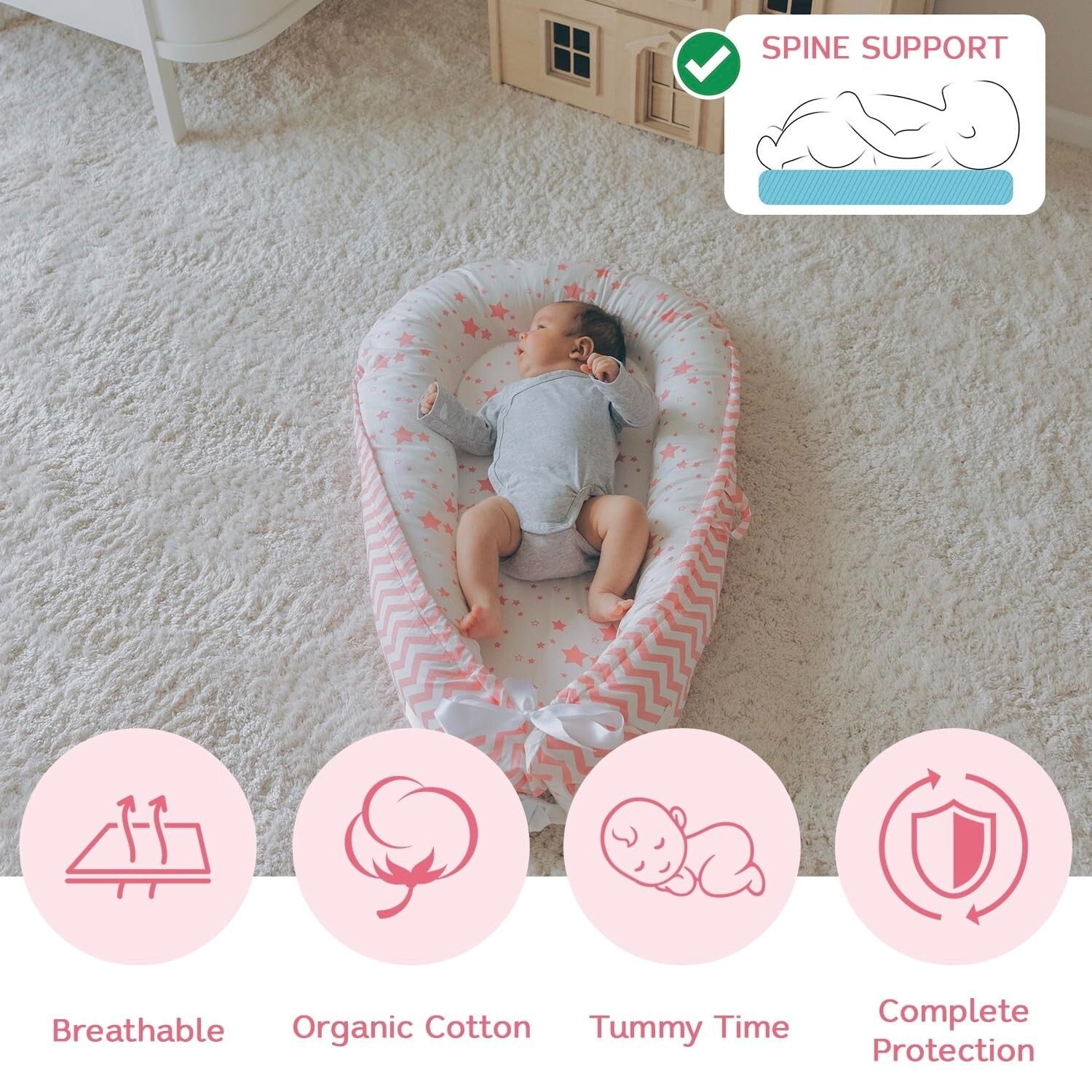 Organic Cotton Baby Nest Lounger - Reversible Adjustable Pink Star Collection