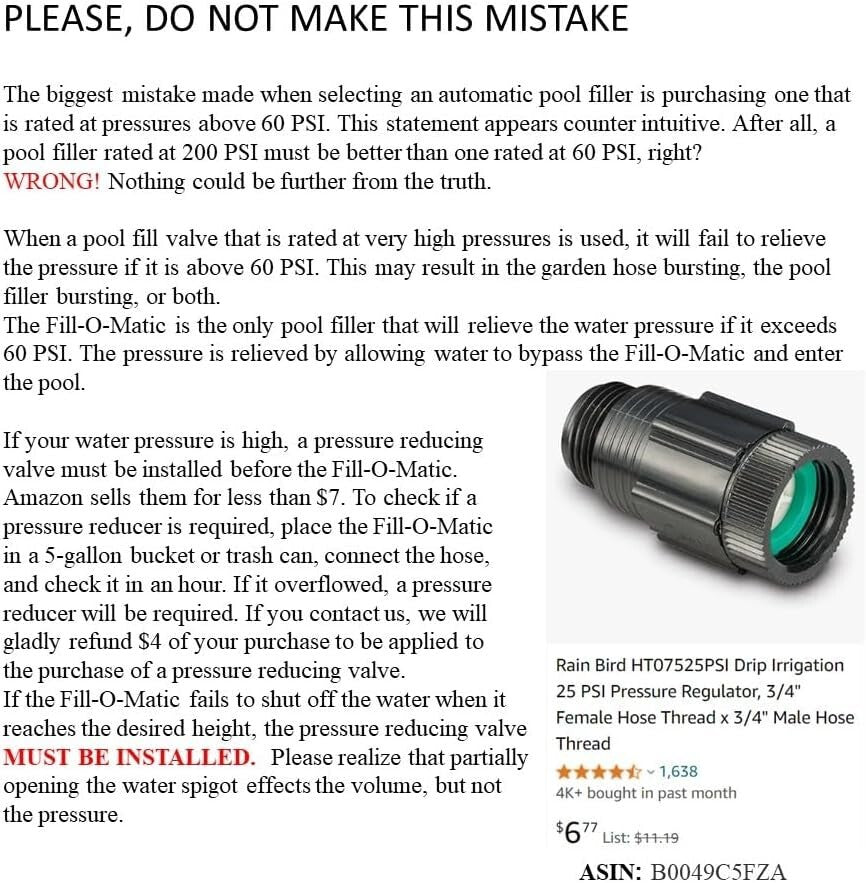 Durable Automatic Pool Fill Valve - 100% Rubber Base & Stainless Steel Hardware