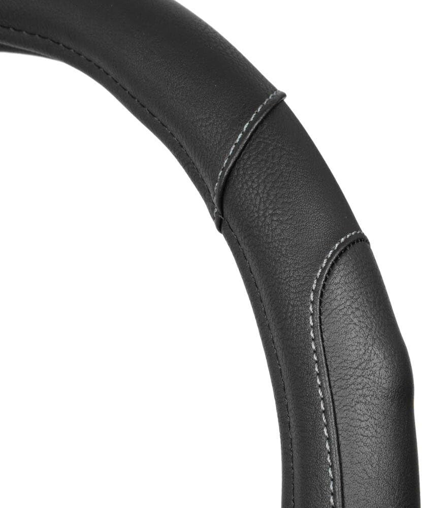 Durable 14-Inch Black Leather Steering Wheel Cover with Stylish Gray Stitching