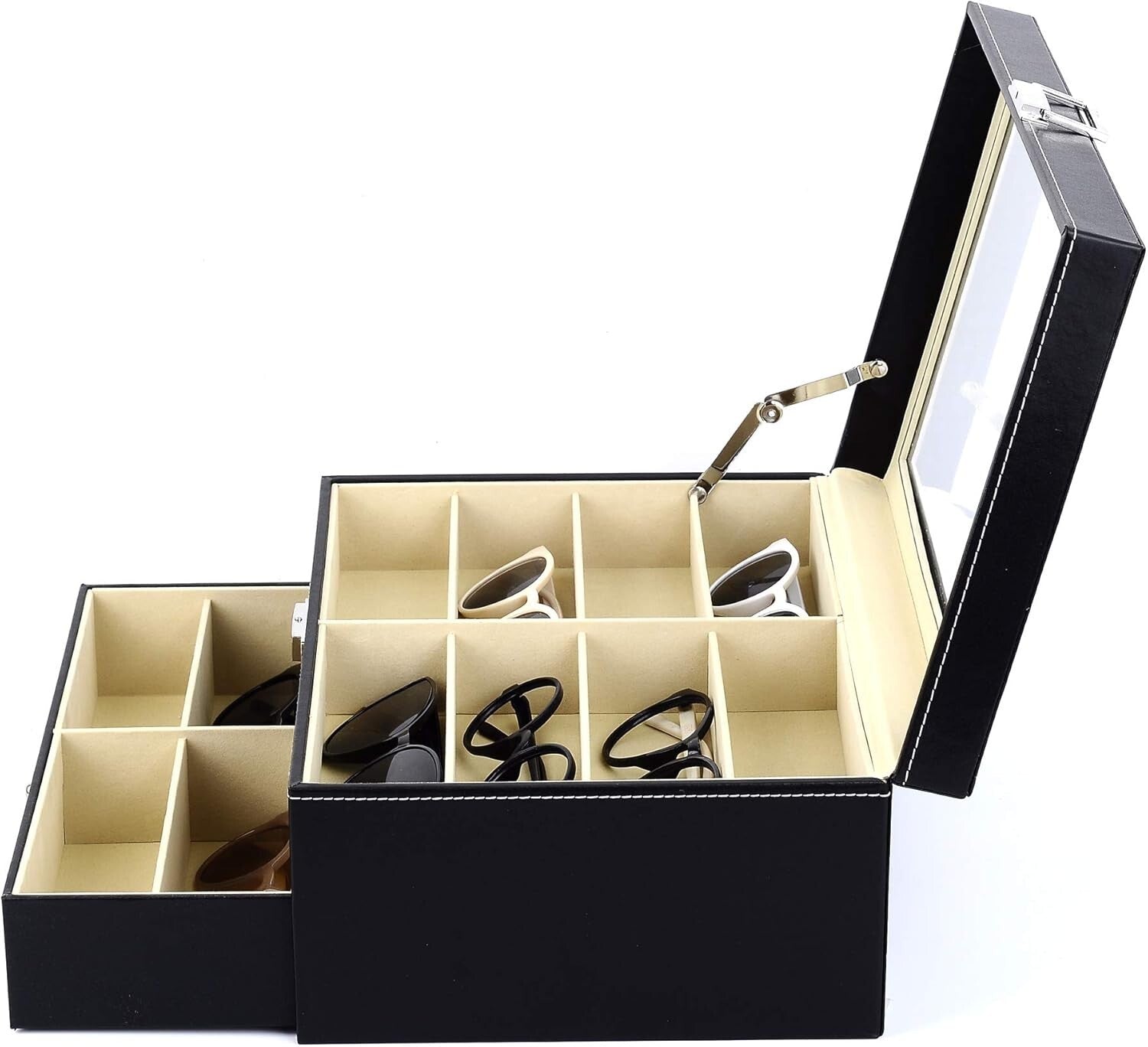 16-Slot Leather Sunglass Organizer with Anti-Scratch Glass Top - Classic Black