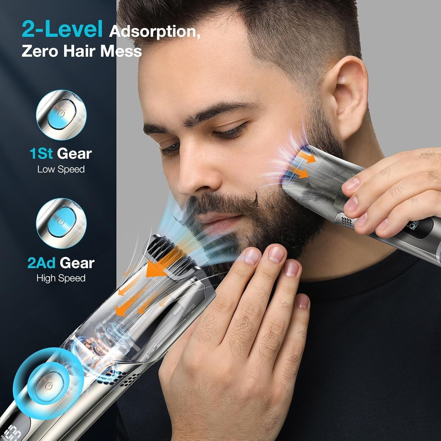 Electric Cordless Beard Trimmer with Vacuum & 2 Comb Attachments - Travel Ready