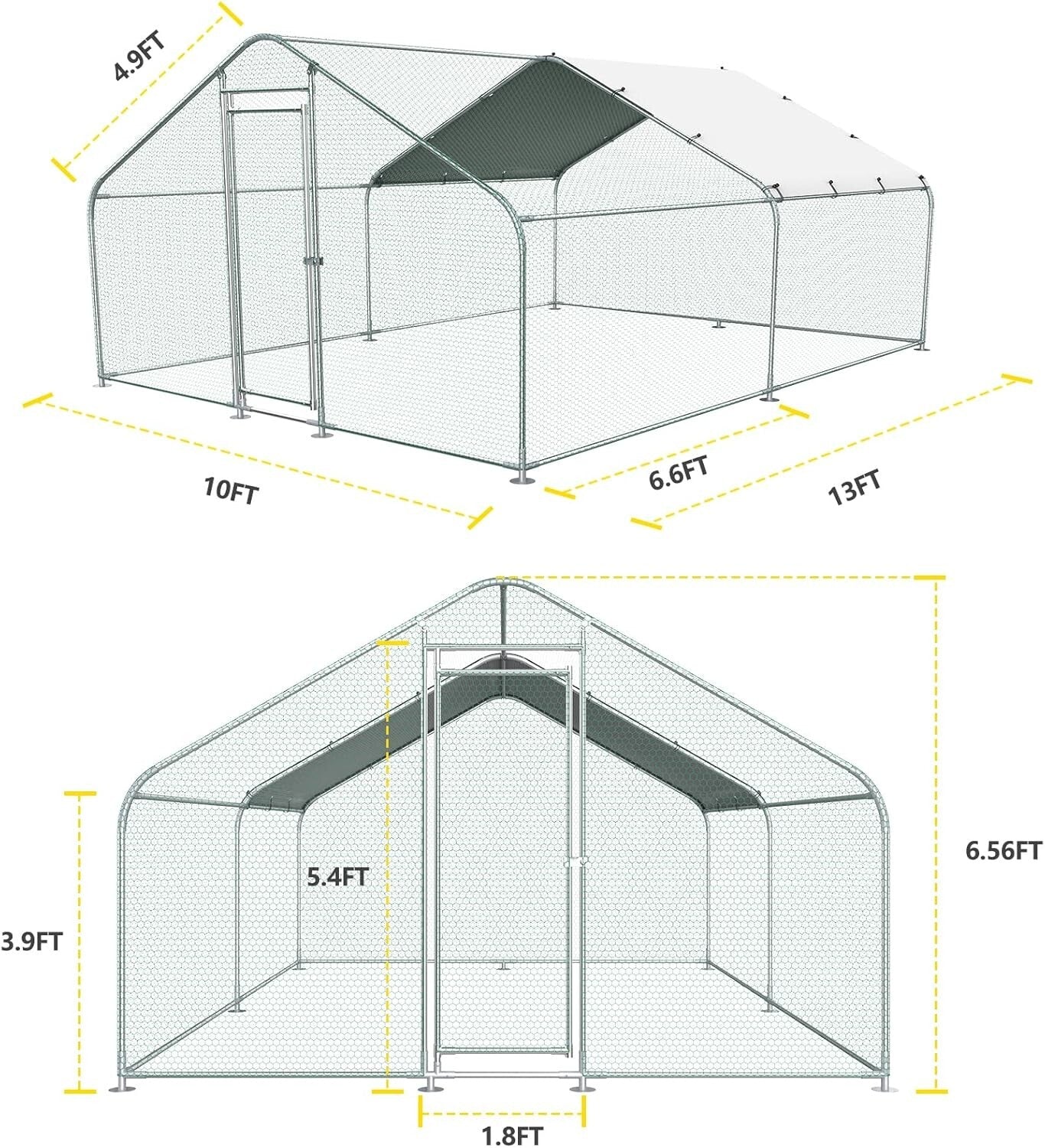 10x13FT Large Metal Chicken Run with Roof & Waterproof Cover for Safe Habitats