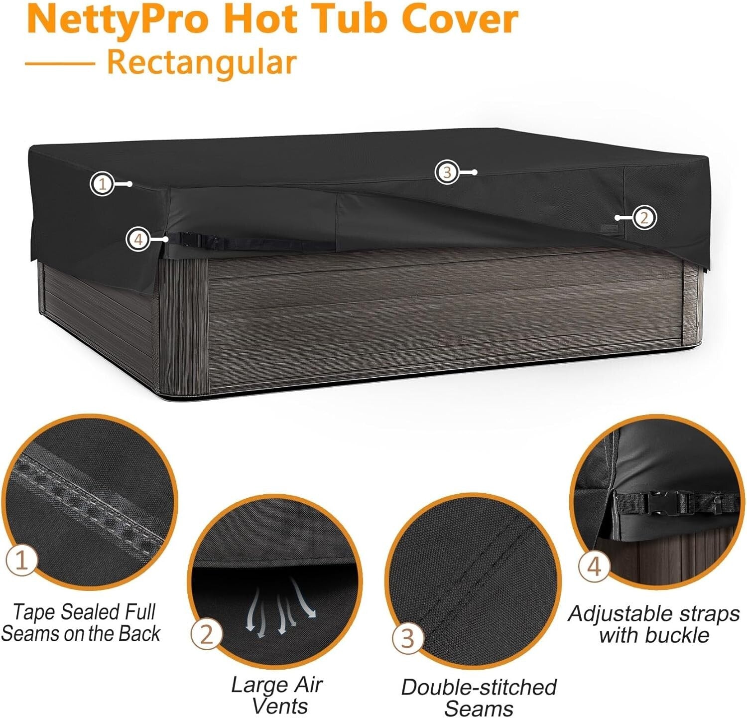 Adjustable Black Hot Tub Cover - Fade Resistant & Waterproof, Rectangular 86x67