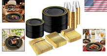 Load image into Gallery viewer, Luxurious Black and Gold Dinnerware Set: 600 Disposable Pieces for 100 Guests