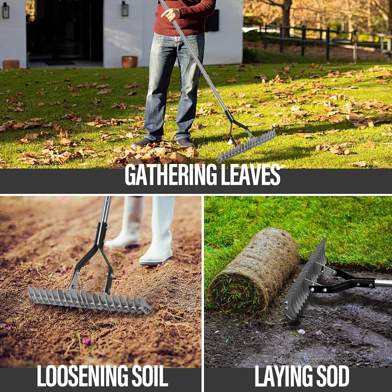 15-Inch Heavy-Duty Thatch Rake with Adjustable Stainless Steel Handle for Lawns