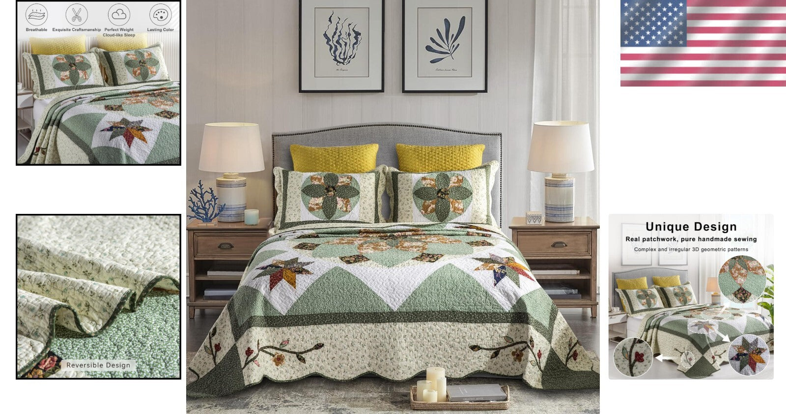 Breathable King Size Patchwork Quilt Set - Eco-Friendly Cotton Floral Design