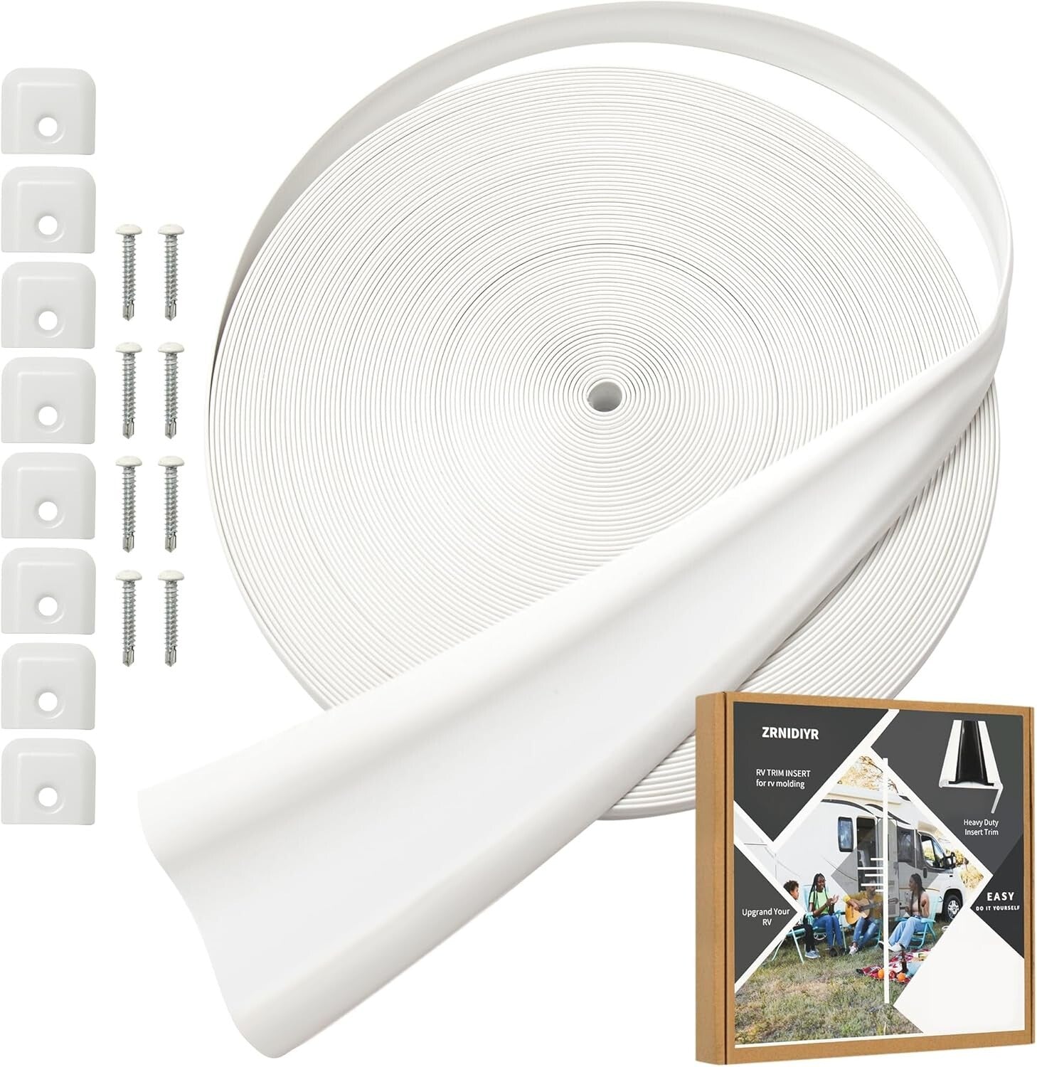 Easy-Cut RV Trim Molding Insert - 100ft White Vinyl, End Caps & Screws Included