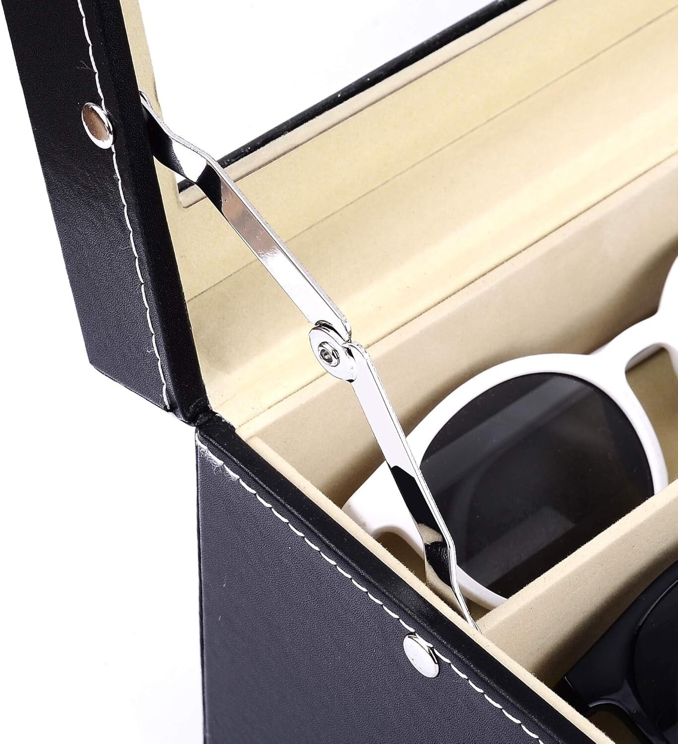 16-Slot Leather Sunglass Organizer with Anti-Scratch Glass Top - Classic Black