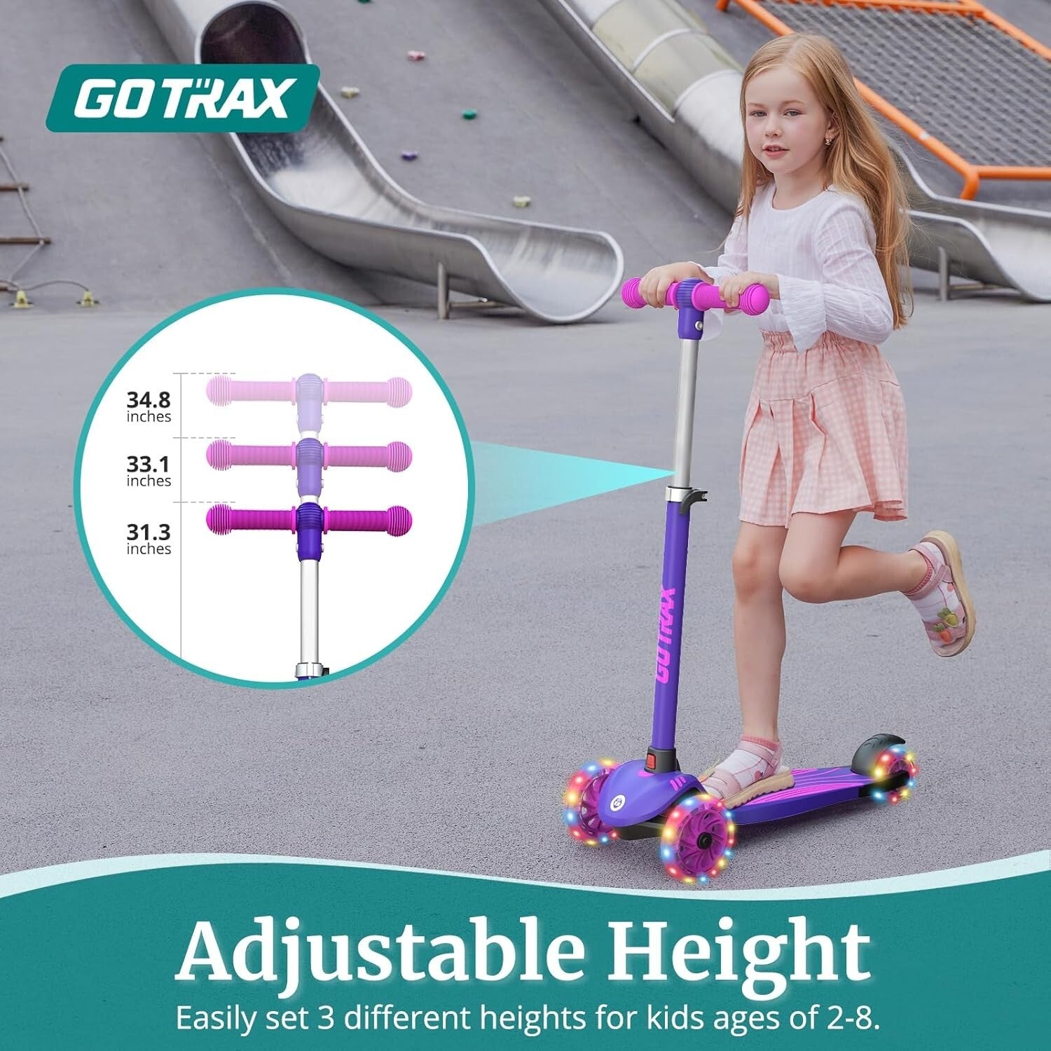 Purple Kids Kick Scooter - 3 Adjustable Heights, LED Wheels, Lightweight Design