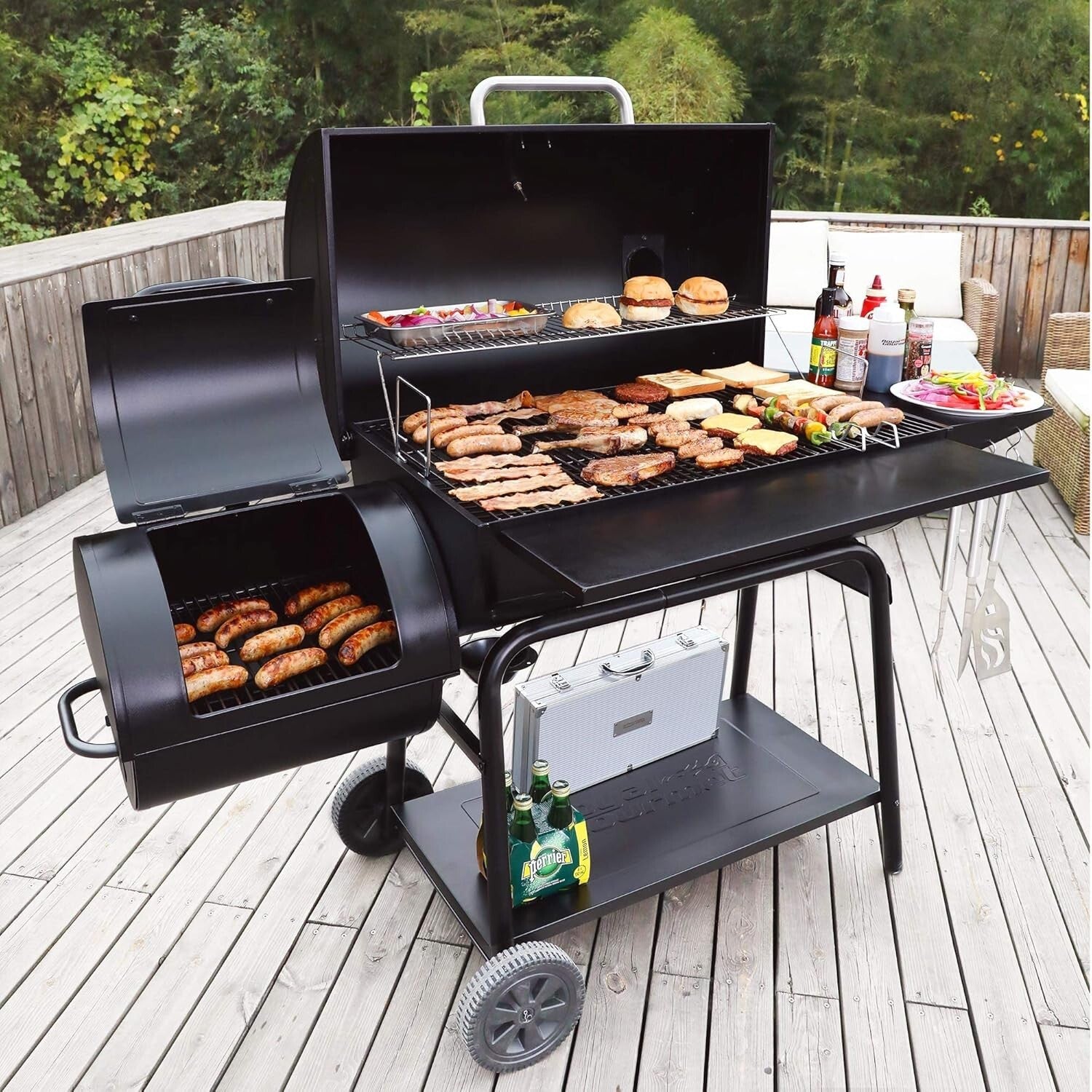 Durable Barrel Charcoal Grill with Side Smoker - 1200 Sq. in. Cooking Space