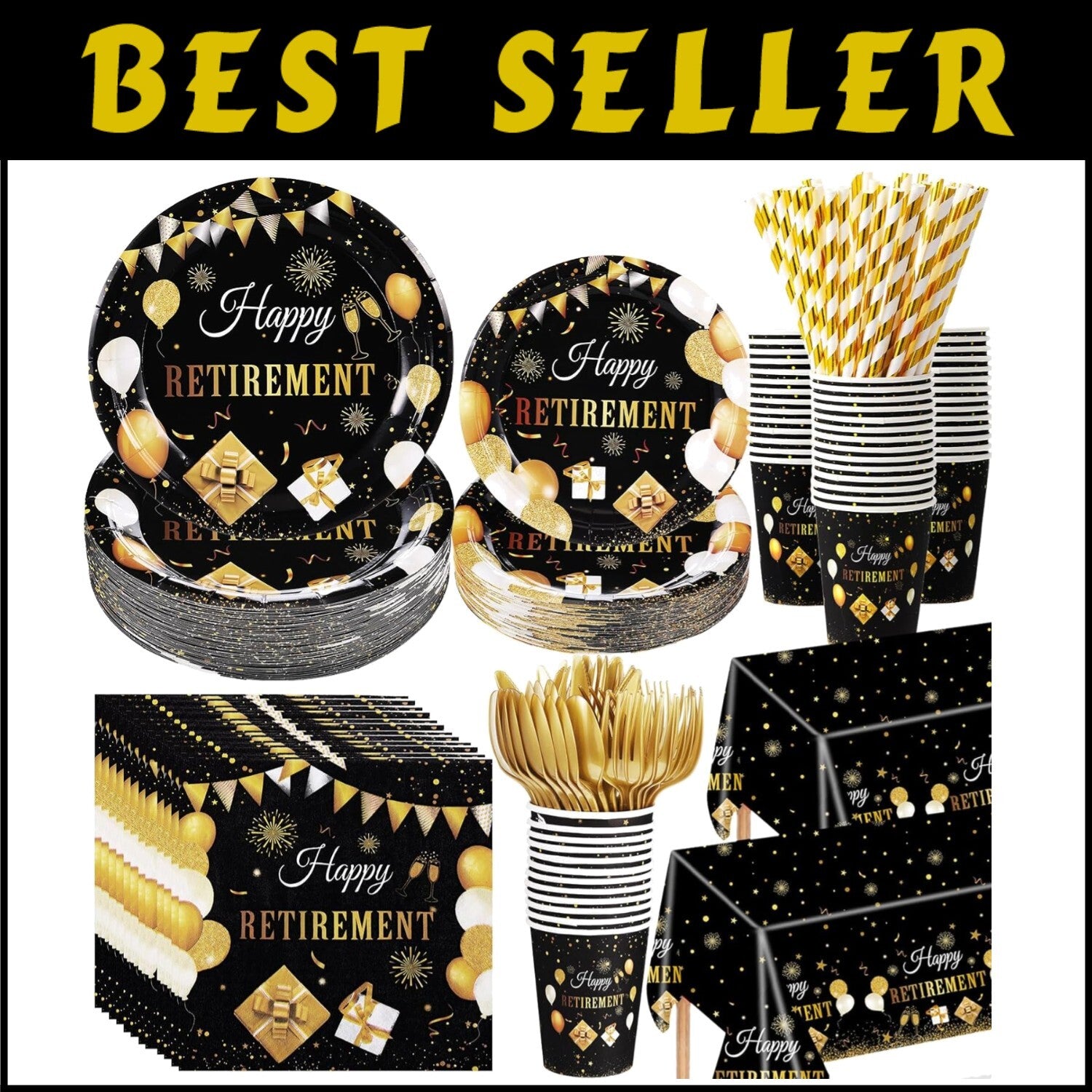Complete 452-Pc Retirement Party Decoration Set: Elegant Black Gold Tableware