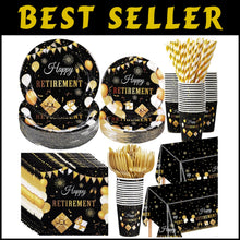 Load image into Gallery viewer, Complete 452-Pc Retirement Party Decoration Set: Elegant Black Gold Tableware