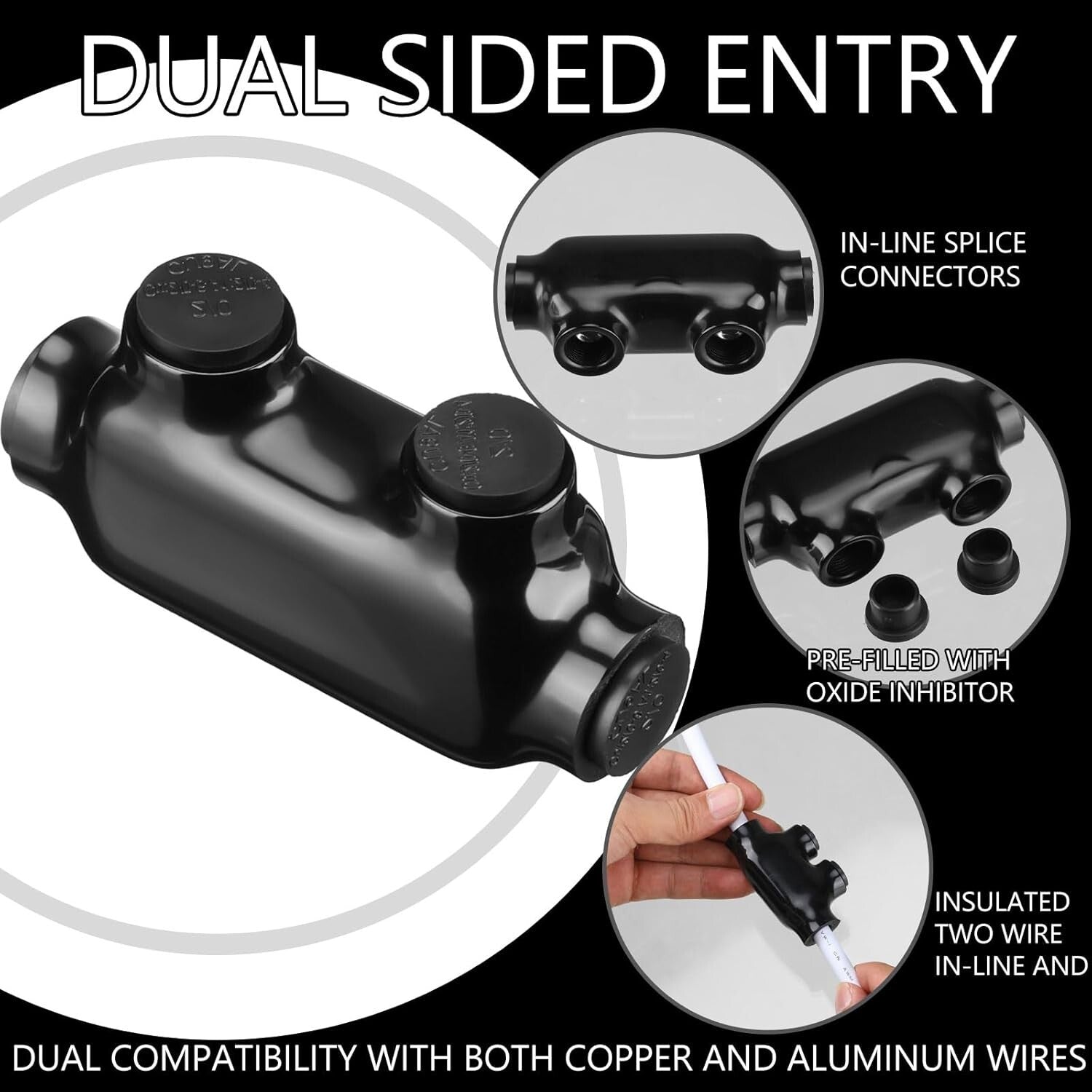 Durable Black Splice Connectors with Oxide Inhibitor - 5 Pack for 2/0-6 Wires