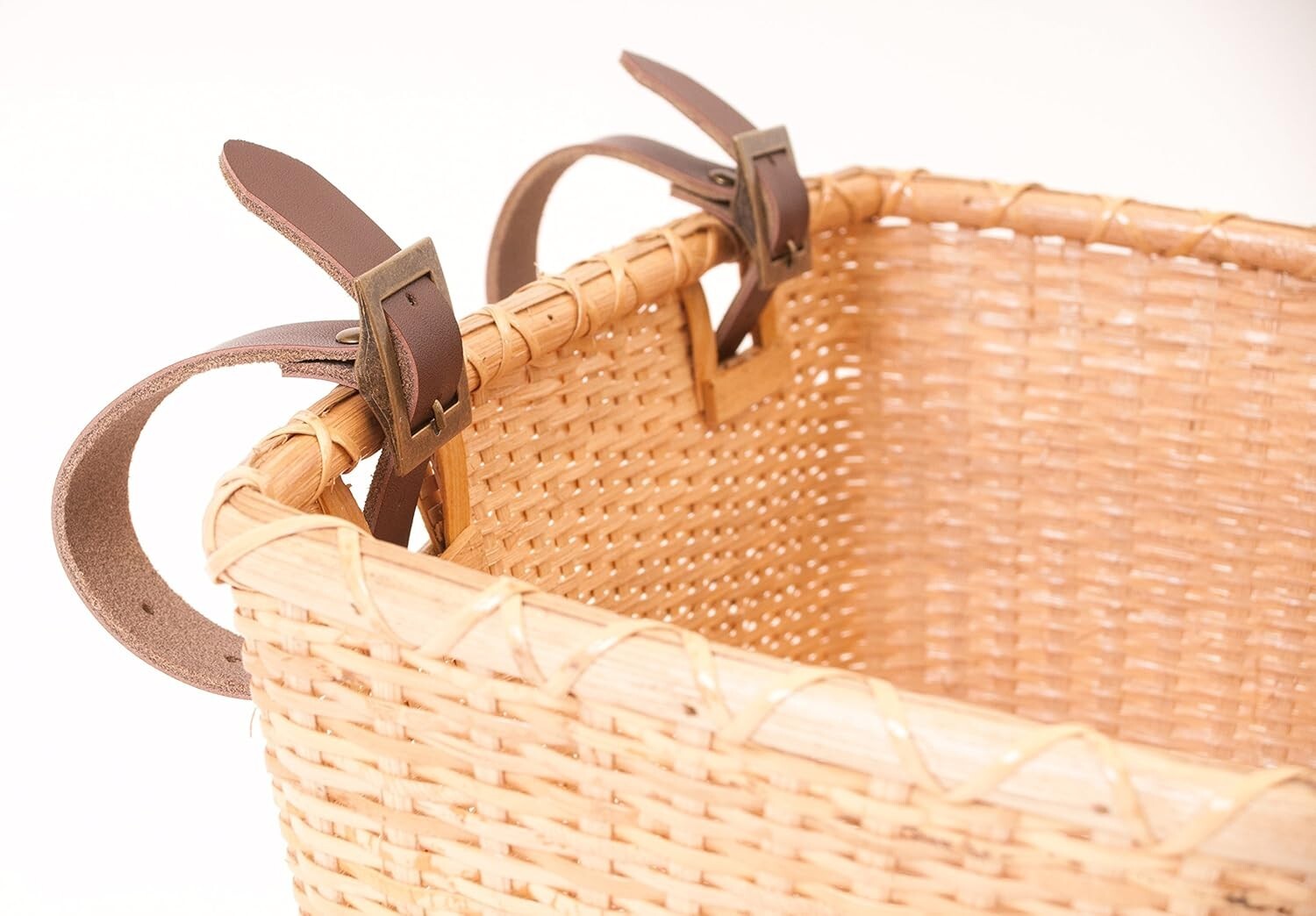 Vintage Cane Woven Bicycle Handlebar Basket with Leather Straps & Brass Buckles
