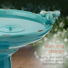 Load image into Gallery viewer, Antique Turquoise Ceramic Birdbath with Pedestal &amp; 2 Bird Figurines - 25" Tall