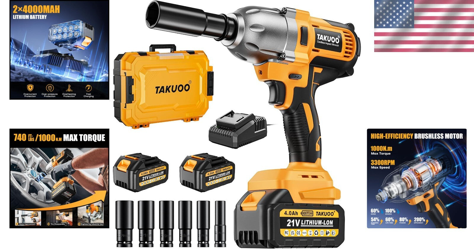 Cordless High Torque Brushless Impact Wrench 740Ft-lbs with 2 Batteries & Cha...