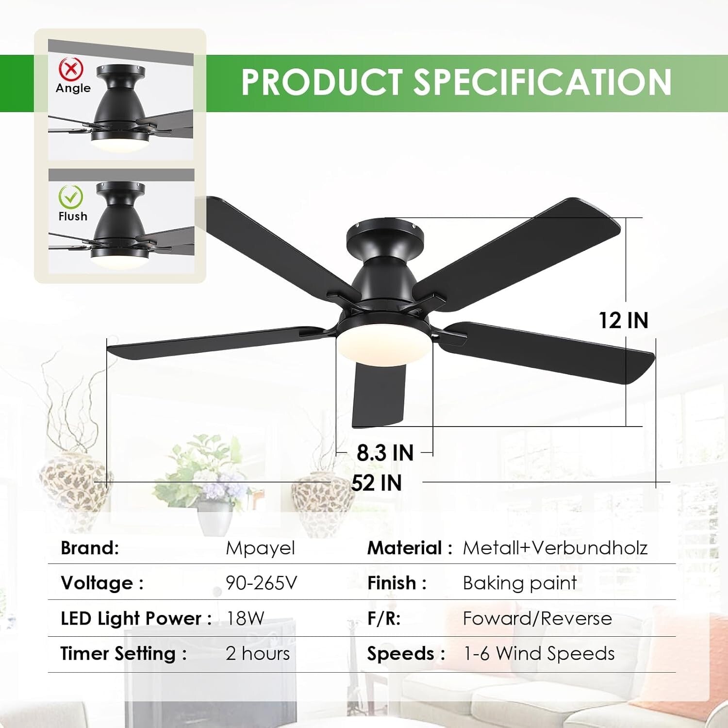Dimmable 52" Ceiling Fan with Remote & App Control - Black Low Profile Design