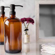 Load image into Gallery viewer, Versatile 32oz Amber Glass Shampoo and Soap Dispenser with Stainless Steel Pumps
