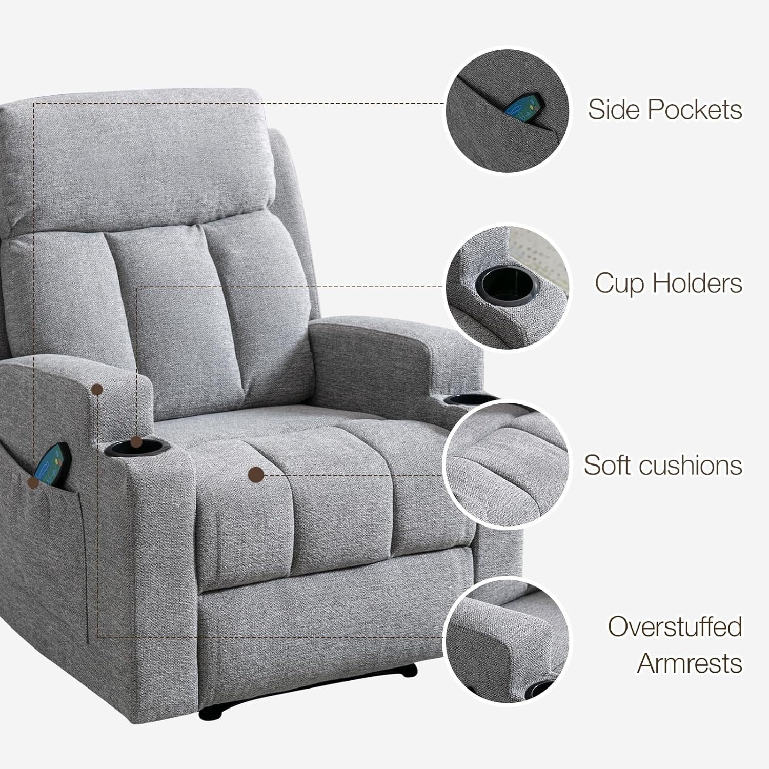Ergonomic Manual Recliner with 8 Massage Motors & Storage - Modern Gray Style
