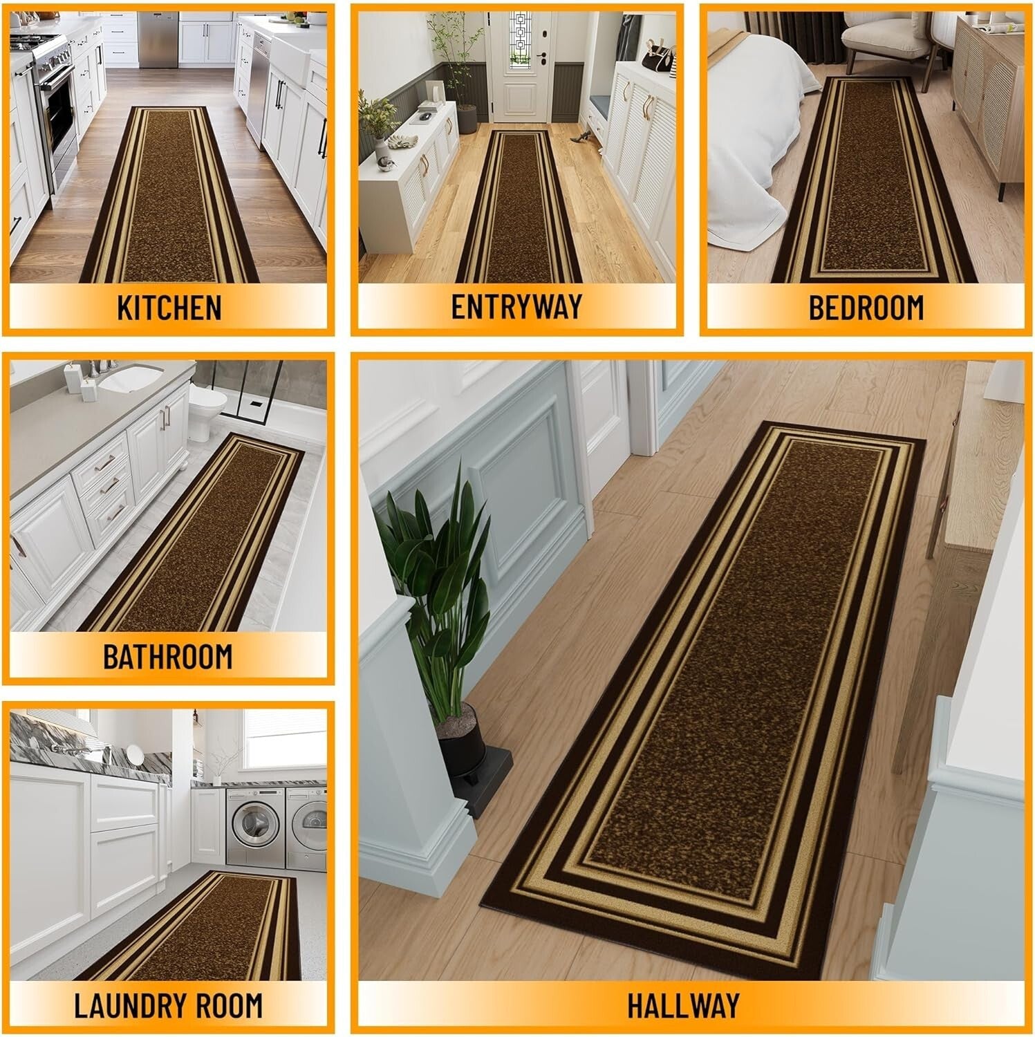 Non-Slip Brown Polypropylene Runner Rug 2'7" x 9'10" for High Traffic Areas