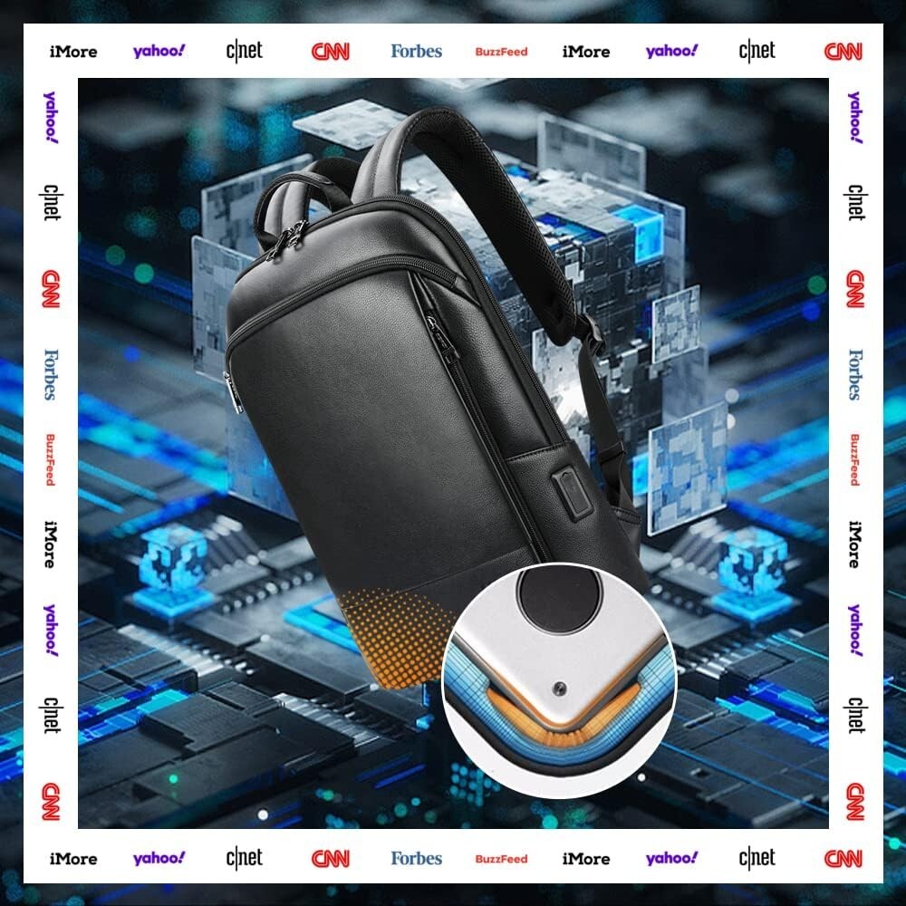 Elegant Black Leather Laptop Rucksack with USB Charging & Hidden Zipper Security