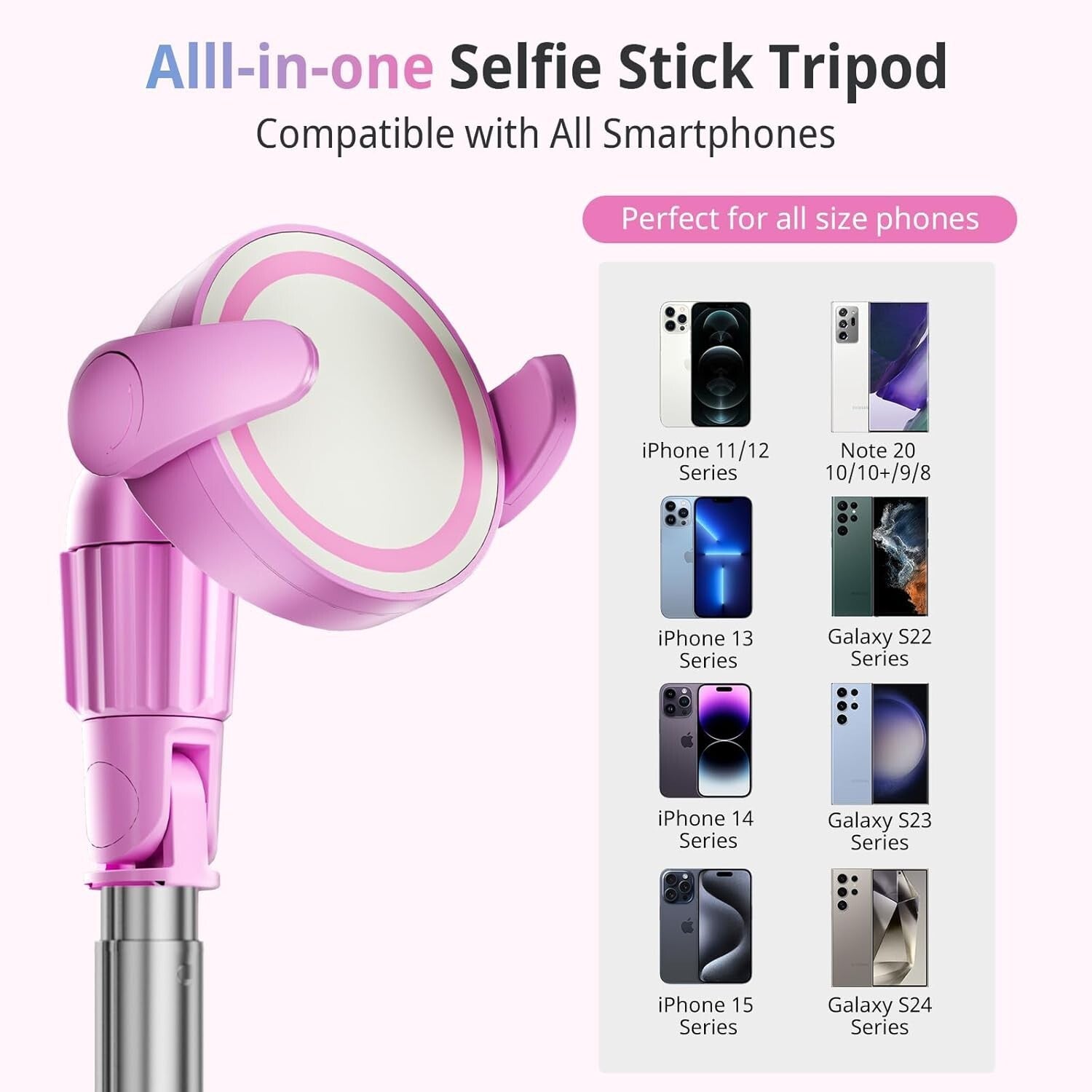 Aluminum 62-Inch Pink Selfie Stick & Phone Tripod with Magnetic Hold and Remote