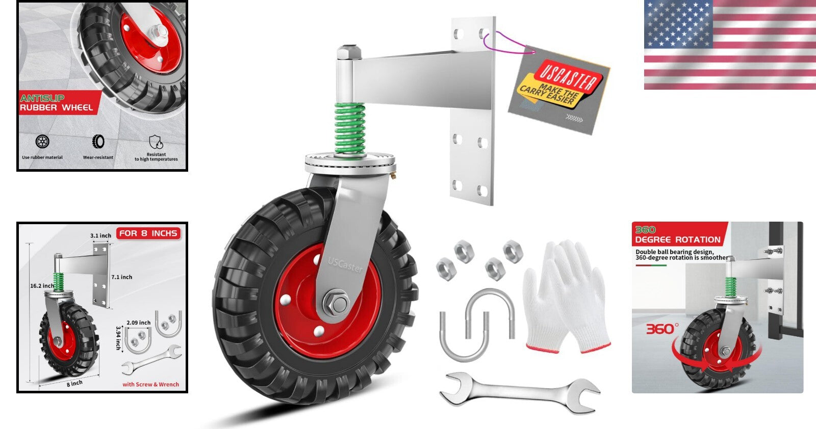 Effortless Installation 8-Inch Gate Caster - 360° Rotation with Spring Mechanism