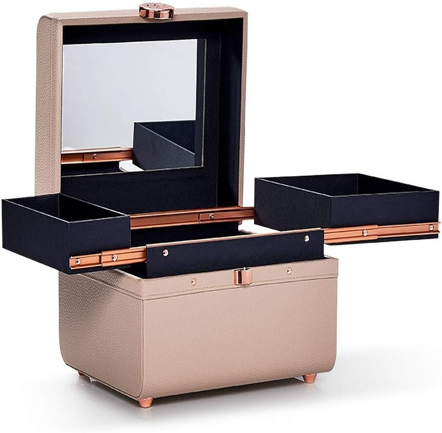 Elegant Vegan Leather Cosmetic Organizer with Trays & Mirror - Travel Essential